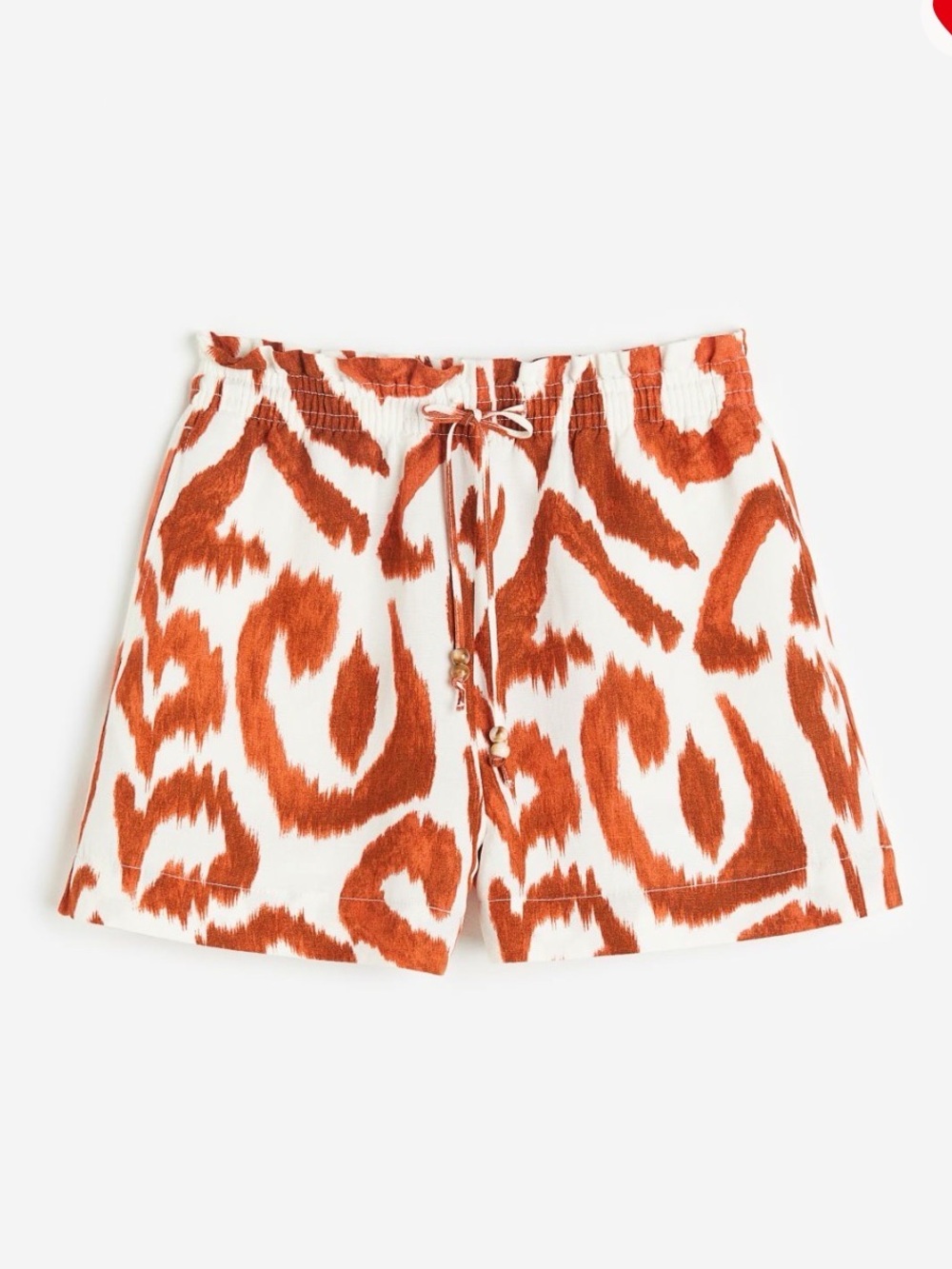 H&M Linen Blend Drawstring Orange & White Printed Shorts